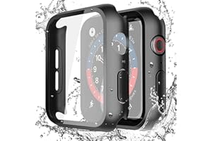 Piuellia 2 Pack Black Waterproof Case with Tempered Glass Screen Protector for Apple Watch SE3 SE2 SE Series 6/5/4 44mm, Overall Ultra-Thin Shockproof Hard Protective Cover for iWatch