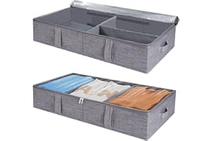 DNTORX 2 Pack 50L Under Bed Storage Box with Lid, Foldable Linen Storage Box with Sturdy Sidewalls/Bottom and Adjustable Dividers PVC Clear Lid 4 Handles for Clothes, Blanket, Bedding, Toys, Shoes