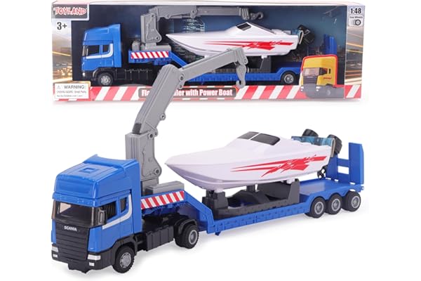 Toyland® Camion Transporteur à Plate-Forme Scania avec Bateau à Moteur - Échelle 1:48 - Roue Libre (Camion Bleu)