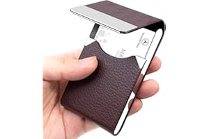 Padike Professional Business Card Holder PU Leather Business Card Case Name Card Holder Slim Metal Pocket Card Holder with Magnetic Shut … (Brown)
