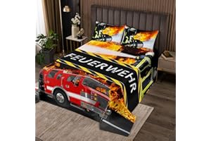 Loussiesd Feuerwehr Thema Bettüberwurf Feuerwehrwagen Tagesdeck 220x240cm Wohndecke für Jungen Kinder Jugendliche Zimmer Dekorativ Fahrzeug Auto Steppdecke Coole Feuerwehrmänner
