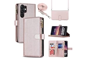 SAILORTECH Brieftasche Hülle für Samsung Galaxy S23 Ultra, Premium Leder Klappbare Reißverschluss Handyhülle mit Umhängeband Kartenfächer Standfunktion Schutzhülle Verstellbarer Umhängeriemen Roségold