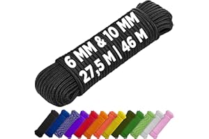 ‎TECEUM TECEUM Rope - 6 mm & 10 mm - 27.5 m | 46 m - Strong All-Purpose Rope - Camping, Crafts, Flagpole, Indoor & Outdoor - Polypropylene Nylon Poly Lightweight Diamond Braided Rope - Black