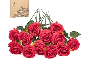 Woltoy 12 Stück Rote Rosen Künstlich, Realistische Langstielige Künstliche Blumen Seide Kunstrose, Fake Rosen für Haus, Garten, Party, Hochzeitsstrauß und Büro Dekoration