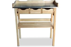GARTENDEPOT24 Plant Table with 3 Wooden Drawers, Zinc Top, Natural 78 x 38 x 82 cm (WxH)