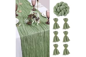 FALSKT Camino de Mesa Verde Salvia 300×90cm Mantel de Gasa de Poliéster Vintage Camino de Mesa Moderno con Textura Arrugada para Comuniones Fiestas, 6PCS Servilletas de Gasa, 6PCS Anillos Servilletas