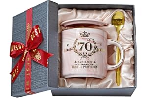 ALBISS 70th Birthday Gifts for Women - 14oz Pink Aged To Perfection Seventy Birthday Mug Printed with Gold - Happy Birthday Keepsakes Presents for 70 Years Old Grandma Mum Nanny, with Gift Box Lid Card Spoon