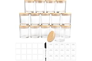 Winter Shore Portacandele Vetro da 170 ml con Coperchi [15 Pezzi] - Porta Candele Vuoti Trasparenti - Barattoli per Candele Fai da Te - Include 15 Etichette Adesive, 15 Etichette Vuote, 1 Penna Nera