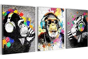 Novart WTD N034535a - Quadro da parete con scimmia Banksy Style Graffiti, completamente pronto da appendere, 3 quadri moderni, colore: Grigio colorato