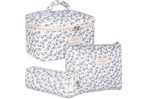 POWZOO Lot de 3 Trousse de Toilette Femme Voyage - Motif Floral en Coton, Pochette de Rangement Maquillage Grande Capacité pour Fille (Violet)