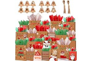 24 SZTUK Torby na prezenty świąteczne, EBANKU Xmas Kraft Torby na prezenty z bibułką świąteczną i metkami Wielokrotnego użytku świąteczne torby z upominkami Luzem z uchwytami na przyjęcie świąteczne Torby na słodycze