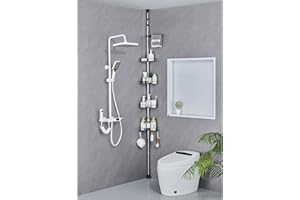 DUFU Adjustable Bathroom Corner Shelves, Telescopic Shower Caddy with 4 Bathroom Baskets, 4 Hooks, 1 Towel Rail, No Drilling Bathroom Storage Shower Shelf, 95-305 cm Floor to Ceiling, Black