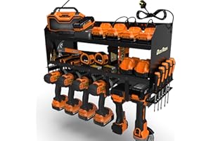 Toolganize Garage Power Tool Organiser, Wall-Mounted Storage Rack & Charging Station, Heavy-Duty for Workshop & Garage Tools, Large 6-Pack, Black.