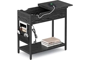 ‎VASAGLE VASAGLE Stolik pomocniczy, stolik nocny z gniazdkiem, wąski, z portami USB, torba, do salonu, sypialni, czarny z rysunkiem słojów drewna LET311B56