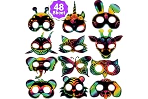 Qpout 48pcs Masques à gratter Animaux pour Enfants, pour Enfants Fille Garçon Anniversaire de Pâques Halloween Jeu de Noël Accessoire Déguisement de fête,avec 48 Cord élasticité et 8 Stylet en Bois