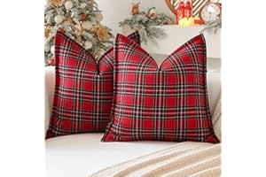 Sungeek Świąteczne poszewki na poduszki w szkocką szkocką kratę 45 x 45 cm, zestaw 2 szt., lniane, dekoracyjne, w kratę, z przeszytym brzegiem, na sofę, kanapę, łóżko, do salonu, 45 x 45 cm, czerwone