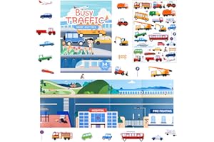 ASTARON Libro di adesivi di veicoli per bambini, adesivi impermeabili riutilizzabili per veicoli, attività di aereo e giocattoli da viaggio per bambini