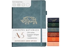 Avocado & Spice® - Taccuino A5 a righe, con copertina rigida, in ecopelle, segnalibro, fascia elastica, portapenne, 200 pagine spesse (grigio, a righe)