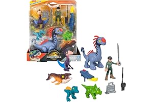 Fisher-Price Imaginext Jurassic World Odrodzenie Zestaw figurek z człowiekiem 7,6 cm, 5 dinozaurami, wyrzutnią i akcesoriami, JFR25