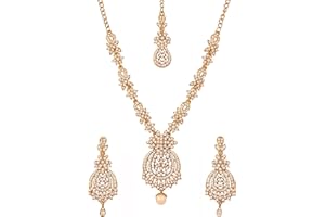 Touchstone Indian Bollywood Floral Inspired Rhinestones Designer Bridal Jewelry Necklace Set for Women in Antique Gold Tone.