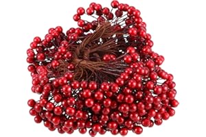 BBTO Artificial Holly Berries on Wire Stems, 250 Stems with 500 Pieces 8 mm Fake Berries for Tree Decorations Wreath Craft Use Wedding Party Favor (Dark Red)