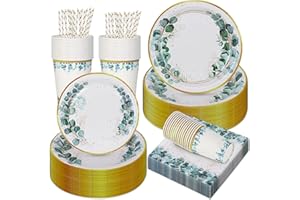 CEILIWEN Set di Piatti e Tovaglioli Verde Salvia e Oro per Feste - Piatti Usa e Getta e Forniture per Decorazione Tavola di Eucalipto - per 25 Persone