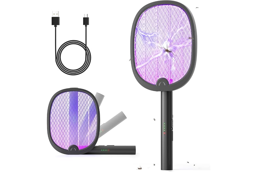 Produktabbildung zu YISSVIC Elektrische Fliegenklatsche Extra Stark klappbar 2in1 Schwarz 1 STK | 4000 V, UV-Lichtfalle, USB-C aufladbar, 1800 mAh Akku, 3-lagiges Netzdesign, 1,5 m Kabel