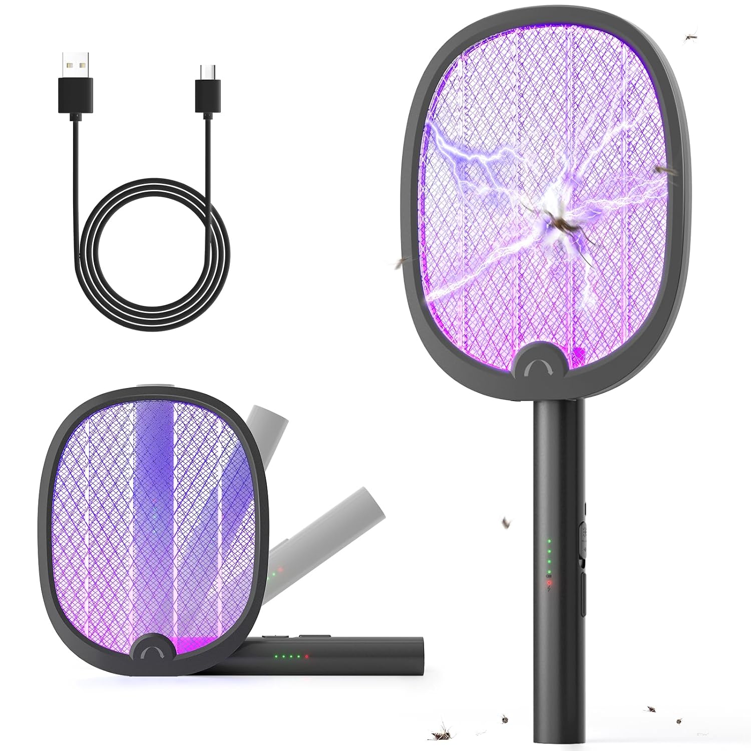 YISSVIC Elektrische Fliegenklatsche Extra Stark klappbar 2in1 Schwarz 1 STK | 4000 V, Auto & Manueller ZAP-Modus, USB-C wiederaufladbar, UV-Lichtfalle, 1800 mAh Akku, 3-lagiges Netzdesign, 1,5 m Kabel