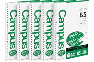 Kokuyo Campus Loseblatt-Papier für Ordner, Sarasara glattes Schreiben, B5, einfarbig, 26 Löcher, 50 Blatt, pH-neutral, auslaufsicher, 75 g/m², 5 Stück, Japan Import (NO-837W)