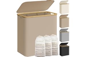SONGMICS Laundry Basket with Lid, 3 Compartments, 150 L, Removable Laundry Bag, Oxford Fabric, Bamboo Handles, Collapsible, 60 x 38.5 x 70.5 cm, Camel Brown LCB515N02