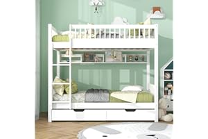 LTGB Bunk Bed for Kids Children, 2023 New 3FT Solid Pine Wood Single Bed Frame & under Bed Slide Drawer Storage, with Shelf, Ideal for Any Room, White (90x190cm)【UK Fast Delivery】