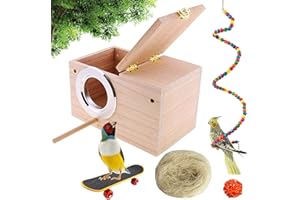 kathson Parrot Nest Breeding Box, Wood Bird Nest for Cage, Parakeet Nesting Box with Perches Pet House Natural Coconut Fiber Bird Toys for Parakeet Cockatoo Budgie Cockatiel Lovebirds (Small)
