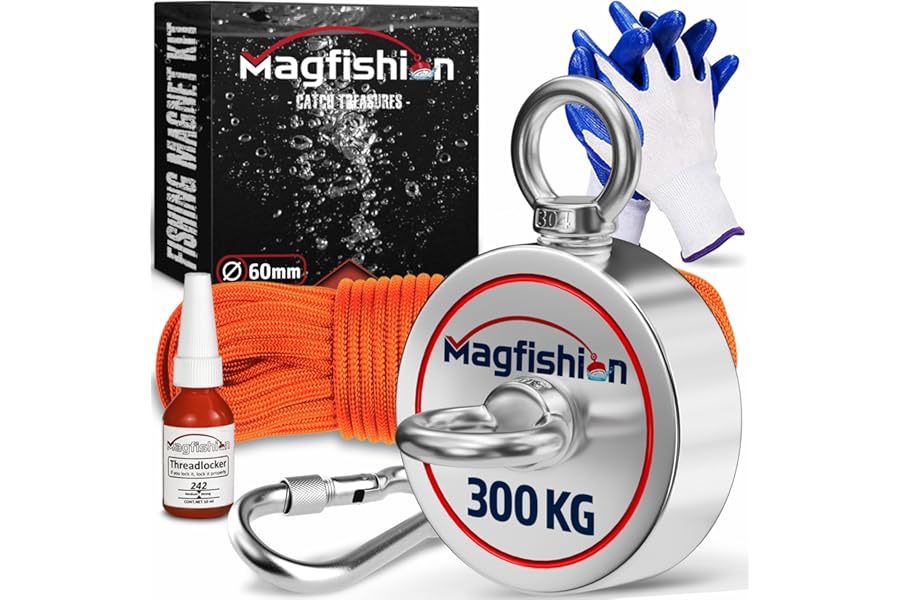 MAGFISHION Magnet Fishing Kit - 300 KG (700lb) - Ø60mm - Super Strong Neodymium Magnet with Rope (20M), Carabiner, Gloves, Threadlocker - Magnetic Powerful Magnets