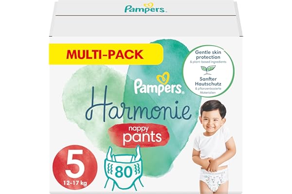 Pampers Couches-Culottes Taille 5 (12-17 kg), Harmonie, 80 Couches-Culottes Bébé, Multi Pack, 0% de compromis, 100% d'absorption, Ingrédients d'origine végétale, Hypoallergéniques