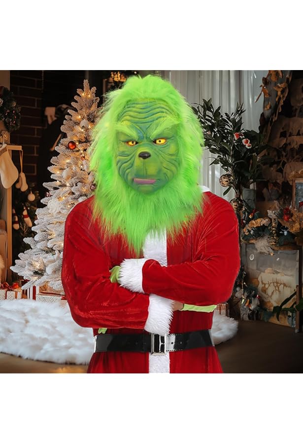 Costume Grinch Adulte Noel Adulte Enfant - Masque Intégral Poilu Vert Fête Halloween Masque Grinch Noël
