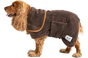 Drying Dog Fleece by The Wagging Tailor® - Soft Feel Microfibre Large Dog Dressing Gown - Adjustable Dog Bathrobe Large With Velcro Collar & Under Belly, Dog Robes for Drying Dogs (Brown, L)
