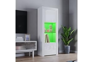 Panana 2 Door LED Tall Display Sideboards Matt Body & High Gloss Fronts Storage Cabinet with Glass Shelf for Living Dining Room W 62 x D 35 x H 160cm (All White)