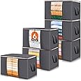 Lifewit 6 Pack Clothes Storage, Foldable Storage and Organization, Storage Bins with Lids, Blanket Storage with Clear Window, Closet Storage with Reinforced Handles for Clothing, Bedding, Gray