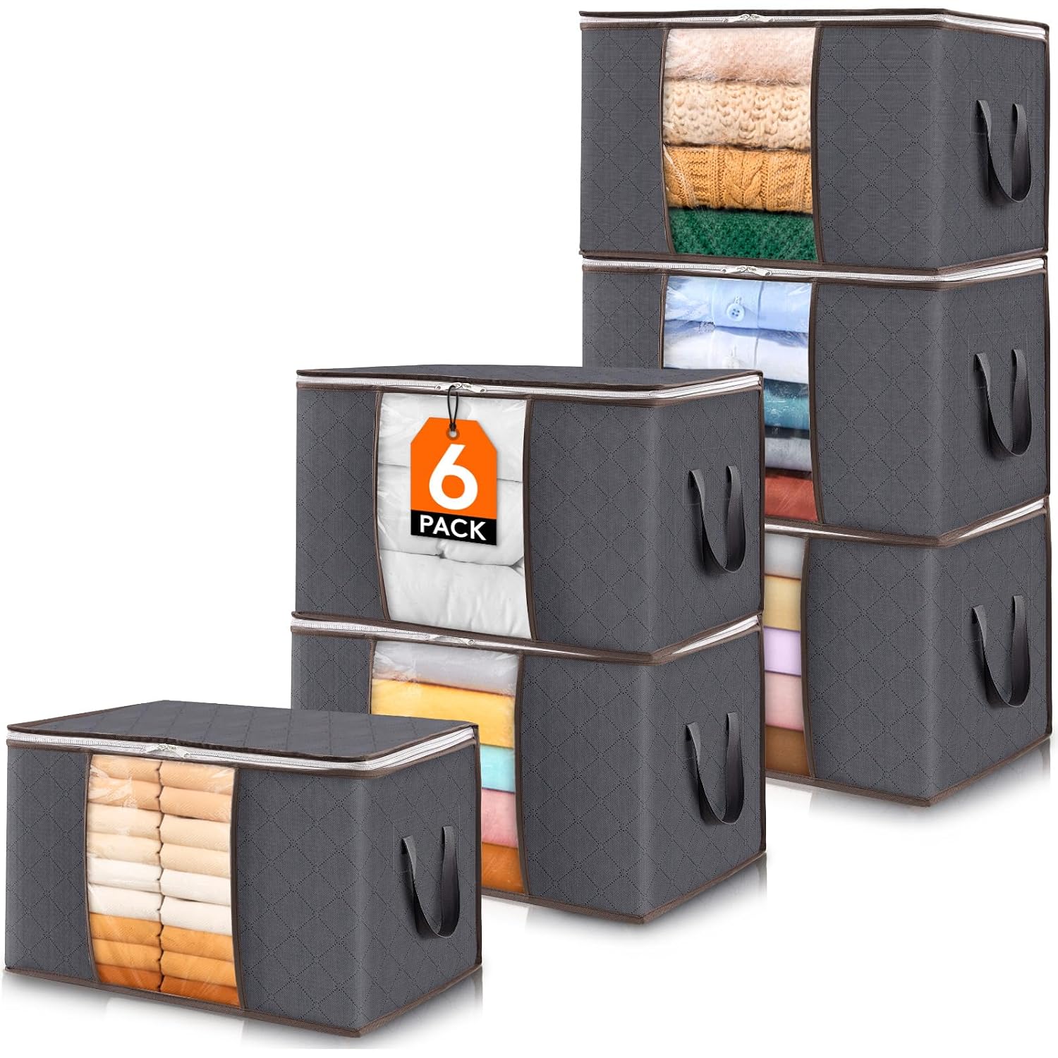 Lifewit Scatole per Armadio, Scatole Vestiti, Organizer Armadio per Piumoni, Scatola Trasloco, Buste Pieghevole per Indumenti, Coperte, Biancheria da Letto, Grigio, 60L, 6 Pezzi