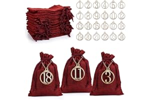 LIHAO Adventskalender zum Befüllen Jutesäckchen Rot Weihnachten Geschenksäckchen 24 Stück mit Zahlen Holz Deko Stoffbeutel Weihnachtskalender Bastelset Säckchen 10 x 15 cm