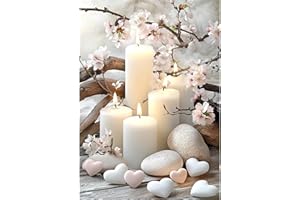 NEWENMO Blanches Bougies Diamond Painting Kits,DIY Fleurs de Cerisier Peinture Diamant Kit pour Adulte Débutan,5D Diamant Painting Kit Complet,Pont Cristal Débutant Art Set,pour Maison Décor 30x40cm