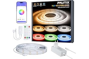 PAUTIX RGBCCT taśma LED COB 5M, RGB+WW/CW 2700K-6500K, możliwość przyciemniania, 24 V LED Strip Kit z pilotem RF i zasilaczem, w tym grupa sterująca, tryb muzyczny do DIY Home Decor