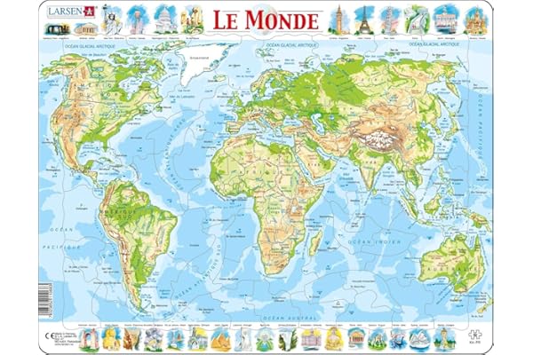 Larsen K4 La Carte Physique du Monde, édition Français, Puzzle Cadre avec de 80 pièces