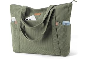 LEKESPRING Lekesping Sac Fourre-Tout Femme Grand en Velours Côtelé, Bandouliere Cabas avec Fermeture Éclair et Poches, Léger Sac a Main Ordinateur 17 Pouces pour Voyage Shopping Université et Usage Quotidien