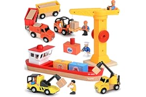 Vanplay Kran Spielzeug Baustellenfahrzeuge Kinder - Holz Baustelle Spielzeug ab 3 Jahre Junge mit Schiff, LKW Kranwagen Muldenkipper Anhänger & Gabelstapler Geschenk 3 4 5 Jahre Junge