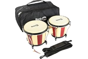 Rockjam 100301 Bongo-Set, Röd, En Storlek | Avstämbar bongo med naturläder, vadderad väska och stämningsnyckel för barn, vuxna och nybörjare