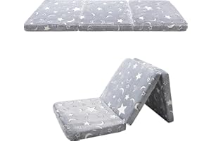 BYBYME Kids Fold Out Chair Bed - Foldable Toddler Chair Lounger for 1-3 Year Old Children - Folding Sofa Bed Cute Couch Armchair for Bedroom Playroom (Moon Star)