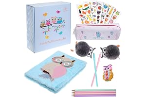 Brightzen Cute Owl Stationery Set – Owl Fur Notebook, Pencil Case, Pom Pens, Pastel Pencils, Eraser and Stickers with Gift Box, for girls boys age 4 5 6 7 8 9 10 11