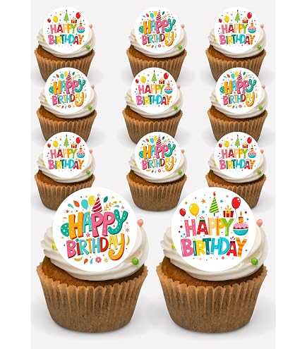 35 Pre-cut Edible Cupcake Toppers – Personalised Happy Birthday – Rice Wafer Paper
