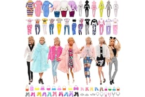 FCXQG 48 Pcs Puppen Zubehör Barby Kleidung Set Barby Kleidung Original 1 Mantel 1 Plüschoberteil 1 Pullover 1 Plüschjacke 8 Röcke 3 Oberteile 3 Hosen 10 Schuhe 10 Schmuck-Accessoires 10 Taschen